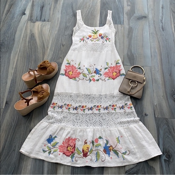 Farm Rio Embroidered Linen Dress New M - Picture 3 of 9